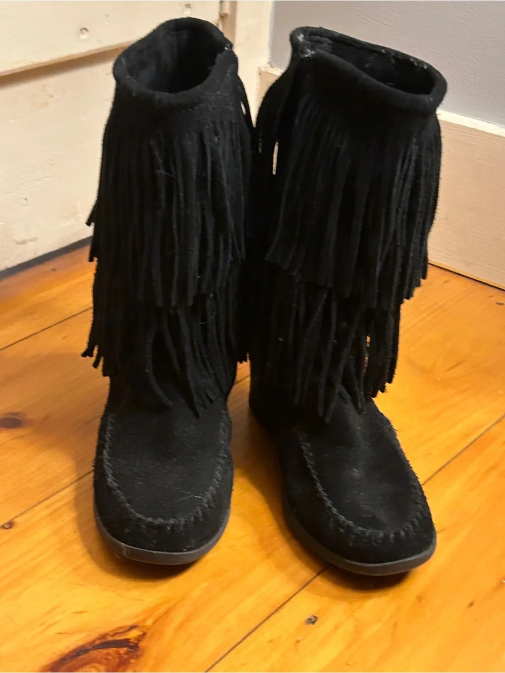 Minnetonka Black Suede Fringe Wedge Boots